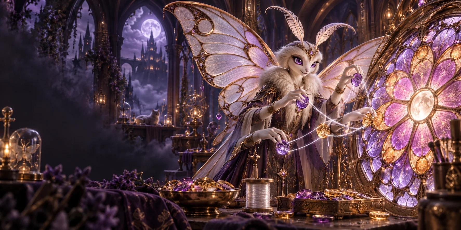 An ivory lunar moth artisan weaving violet and amber fictional tokens into a glowing stained-glass rose window inside a moonlit gothic atelier